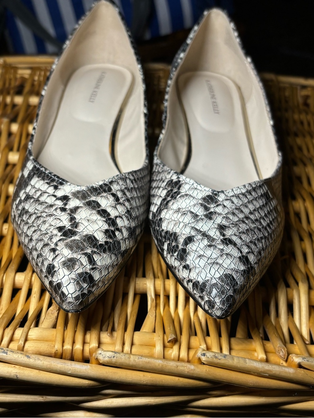 Pointed Toe Snake-Print Flats - White/Black from Katherine Kelly, size 7.5